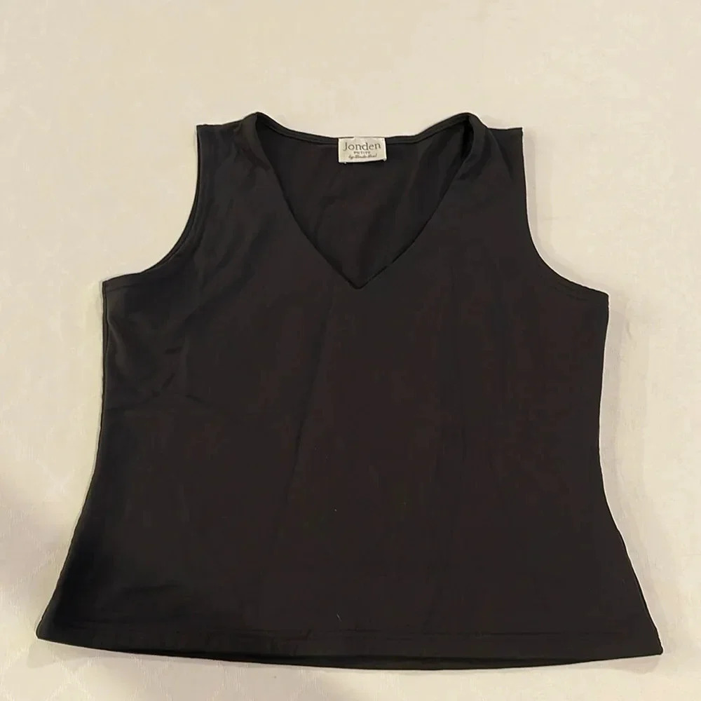 JonDen petite by Linda Leal Black Stretch V Neck‎ Tank Top petite large EUC